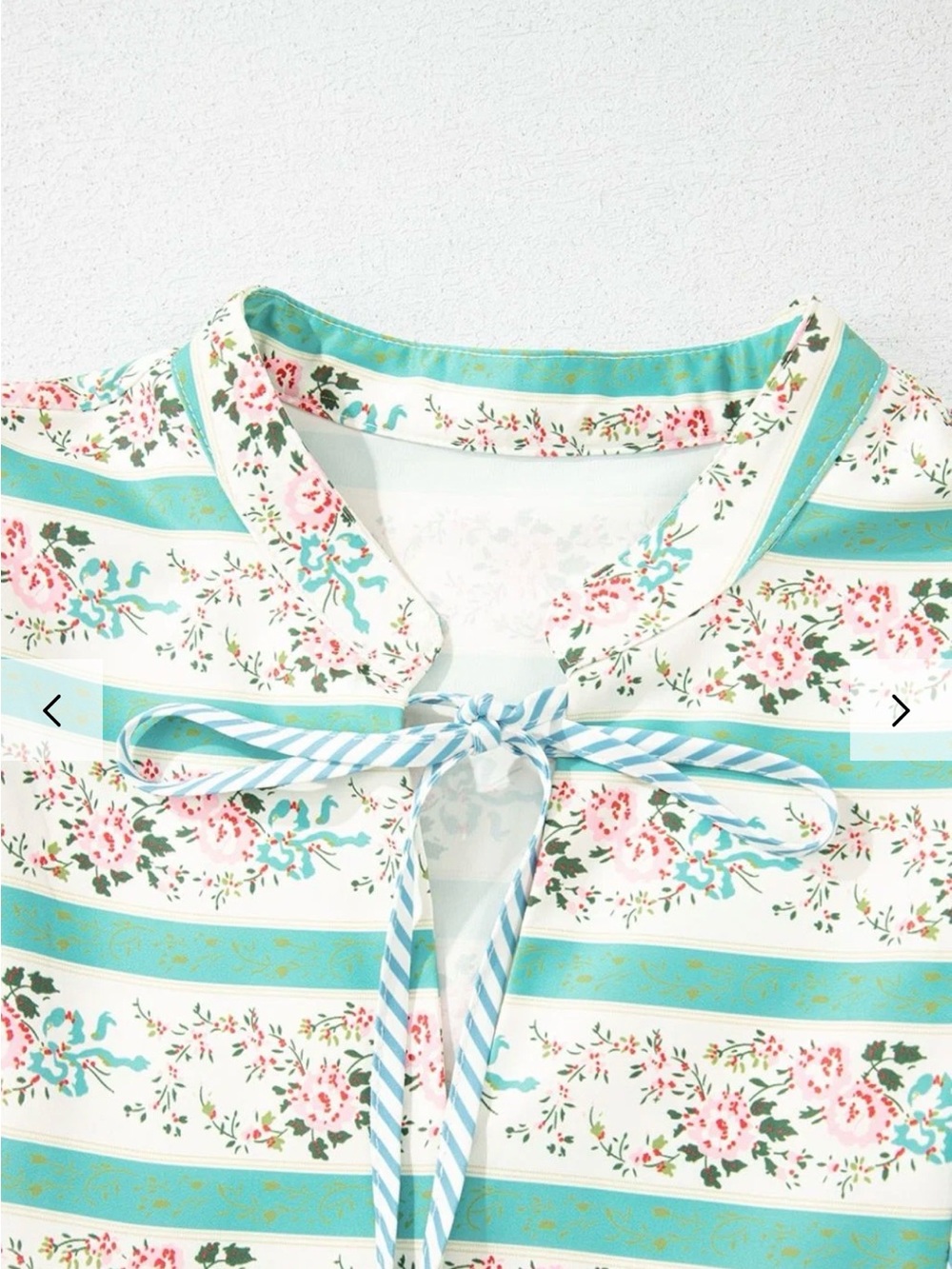 Striped Teal & White Floral Maxi Dress with Puff Sleeves - Picture 8 of 13